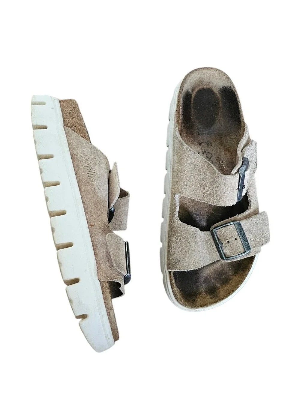 Papillio Birkenstock Platform Beige Suede Double-Buckle Slide Sandals EU 39